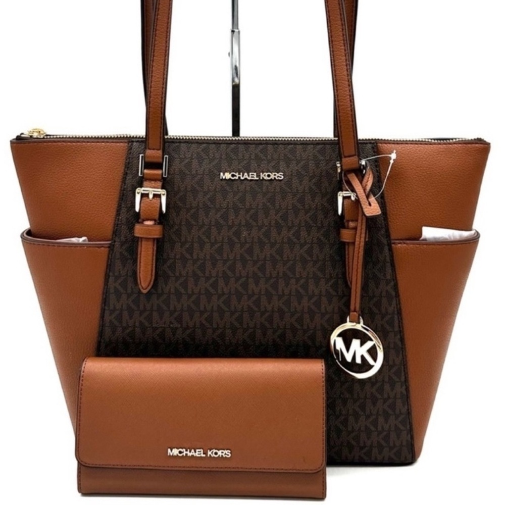 Michael Kors Large Charlotte Tote Bag & Matching Trifold Wallet Brown